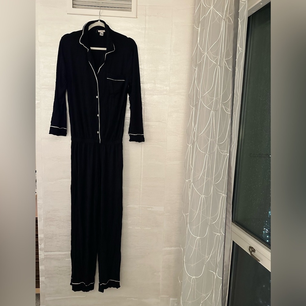 Eberjey women’s long-sleeved Black Pajama Jumpsuit with Cream Accents, buttons